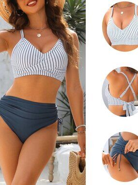 New Blooming Jelly Tummy Control Crisscross Tie Back Push Up Drawstring Swimsuit